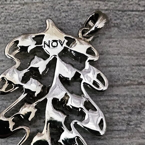 Vintage November Leaf Silver Tone Faux Orange Sapphire Gemstone Pendent - Picture 5 of 5